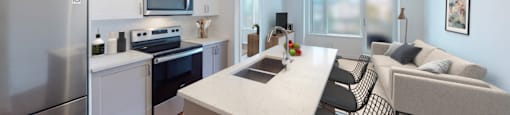 A modern kitchen with a refrigerator, oven, and microwave.
