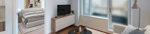A modern living room with a television, a sofa, and a bed in the background.