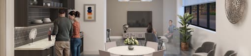 A modern kitchen with people standing and sitting around a table.