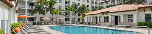 A pool surrounded by sun loungers and umbrellas.