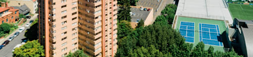 Drone photo looking down on Portland Towers
