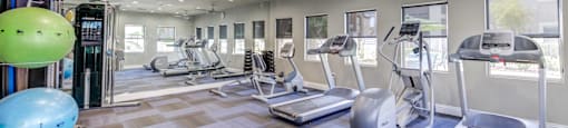 A gym with treadmills, elliptical machines, and exercise balls.