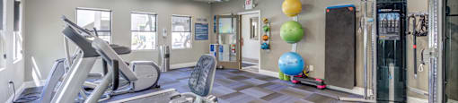 A gym with treadmills, exercise balls, and weight machines.