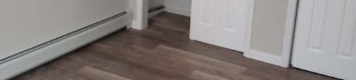 A room with a wooden floor and two white doors.