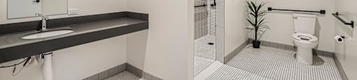 A bathroom with a toilet, sink, and mirror.
