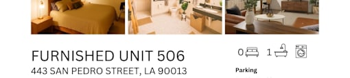 A real estate listing for a furnished apartment at 443 San Pedro Street, LA 90013.