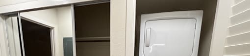 A white washing machine is in a small closet.