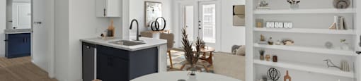 A modern kitchen with a dining table and chairs.