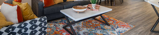 A living room with a grey couch, a painting of red flowers, and a rug with a geometric pattern.