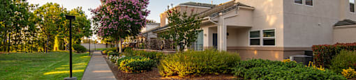 A residential area with a house, a lawn, and a pathway.