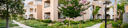 A pathway leads through a landscaped area in front of apartment buildings.