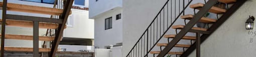 walkway between units with lush foliage