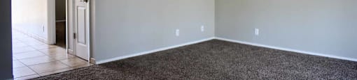 Carpeted bedroom view into tiled hallway