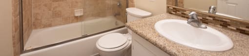 a bathroom with a shower toilet and sink