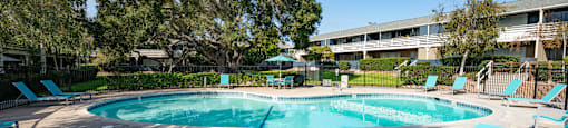 a resort style pool with lounge chairs and trees in the background