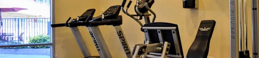 community gym with treadmill, stationary bike, and elliptical