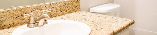 bathroom with in laid sink and large mirror
