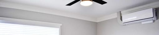 bedroom with wood look flooring, ceiling fan, and well lit window