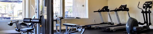 community fitness center with various weight machines, treadmills, and elliptical