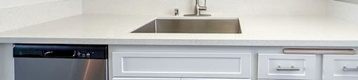 A kitchen with white cabinets and a stainless steel dishwasher.