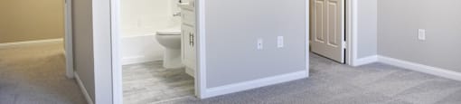bedroom with carpet flooring, walk in closet, and en suit bathroom
