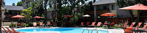 View of beautiful pool area with lounge chairs surrounding pool, seating areas, and shrubbery throughout.
