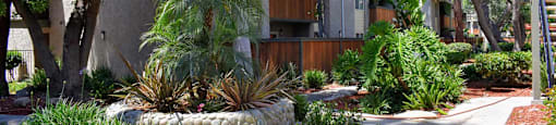 View of exterior courtyard with lush tropical vegetation and side walk winding through
