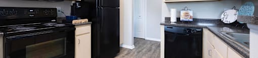 a kitchen with black appliances and white cabinets