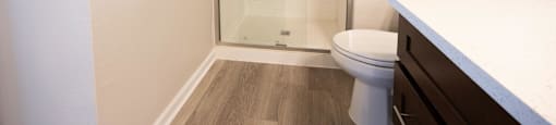 a bathroom with a shower and a toilet and a sink
