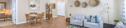 Spacious Living Room with Ceiling Fan and LVT Flooring at Solace at Ballpark Village, Goodyear, AZ, 85338