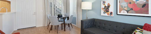 a living room and dining room with a couch and a glass table