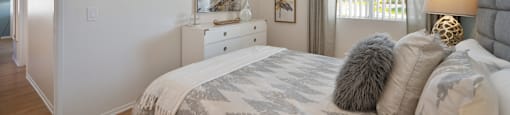 a bedroom with a bed and a dresser and a window