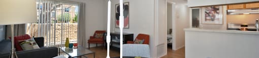 a living room and dining room with a table and chairs