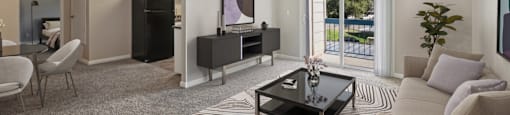 the living room of an apartment with a couch and a coffee table