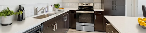 A modern kitchen with dark brown cabinets and stainless steel appliances.