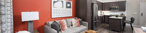 a living room and kitchen in a model home