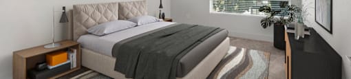 a bedroom with a bed and a large window