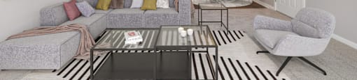 the living room of an apartment with a couch and a coffee table
