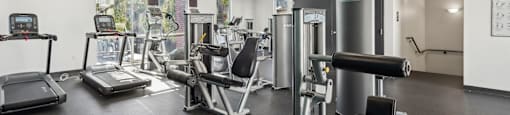 A gym with a variety of equipment including treadmills, weights, and a fan.
