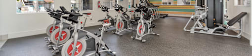 stationary bikes in modern fitness center at Terrace Gardens Apartment Homes, Escondido