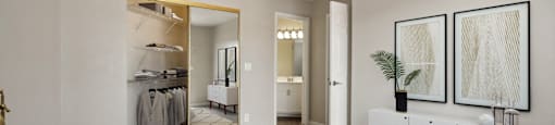 a bedroom with a bed and a dresser and a closet