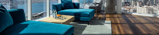 A living room with a view of the cityscape.