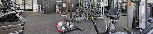 A gym with a variety of exercise equipment including treadmills, stationary bikes, and weight machines.