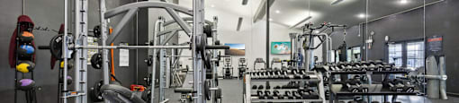 A gym with a variety of equipment including weights and a leg press machine.