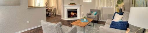Living Room with Fireplace at Atwood Apartments, California