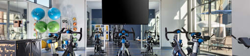 a spacious fitness center with treadmills and exercise bikes