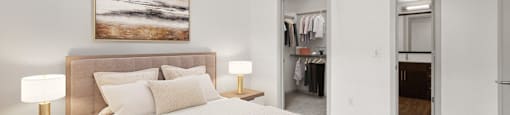a bedroom with a large bed and a ceiling fan