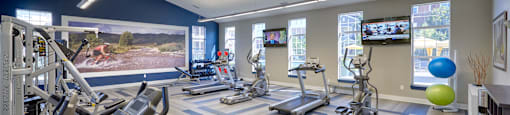 a gym with treadmills and other exercise equipment and a tv on the wall