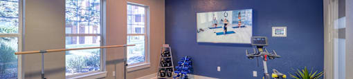 a gym with yoga mats and exercise equipment and a tv on the wall