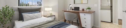 an example of a bedroom with a bed and a desk